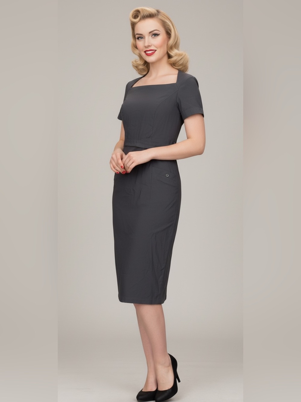 Belle Poque Square-Neck Midi Dress in Charcoal Gray, Large, EUC - Picture 2 of 7
